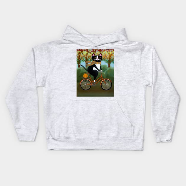 Tuxedo Cat Autumn Bicycle Ride Kids Hoodie by KilkennyCat Art